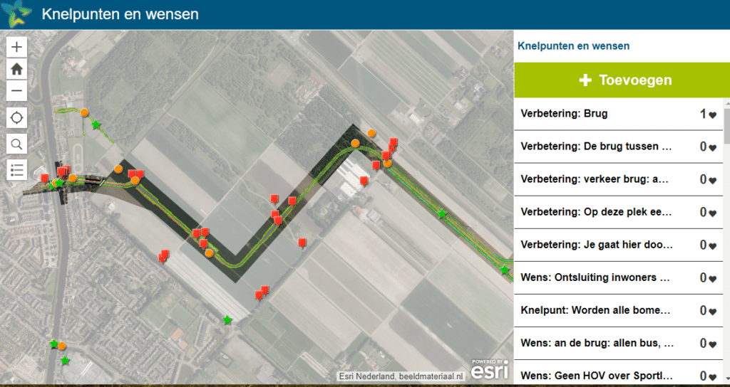 Interactieve kaart met knelpunten en wensen voor de openbaarvervoerverbinding tussen Noordwijk en Schiphol.