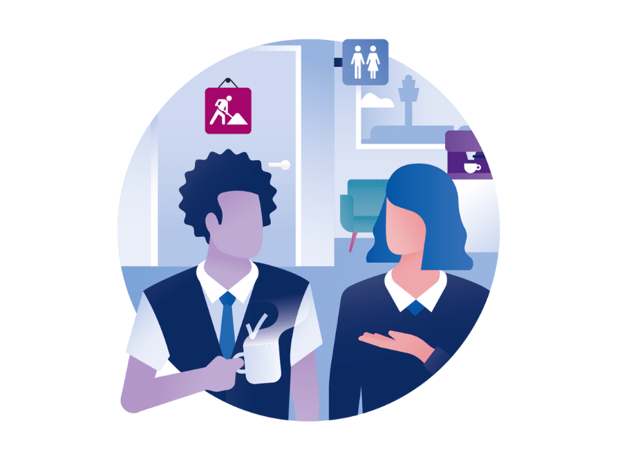 Logo van het RASCI-project met een tekening van twee collega's die koffie drinken in de kantine.